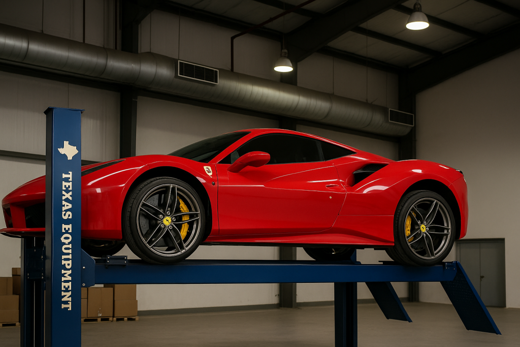 Red Ferrari elevated on a blue Texas Equipment hydraulic lift inside a clean, modern automotive workshop with high ceilings, industrial lighting, and stacked boxes in the background.